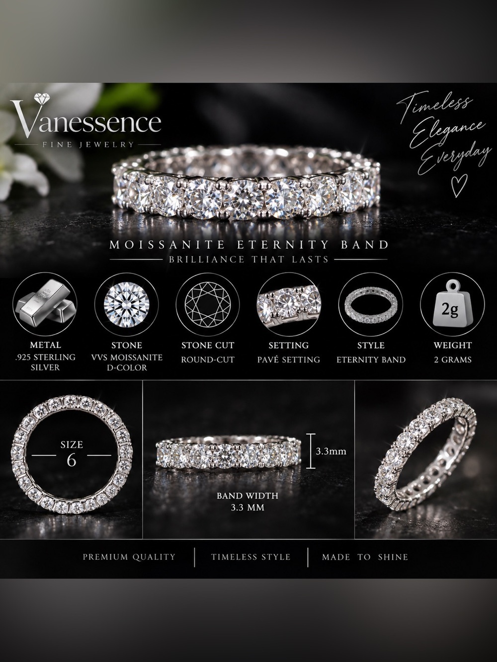 .925 Sterling Silver 1ct. VVS Moissanite Tennis-Style Eternity Band Size 6 - Picture 3 of 15